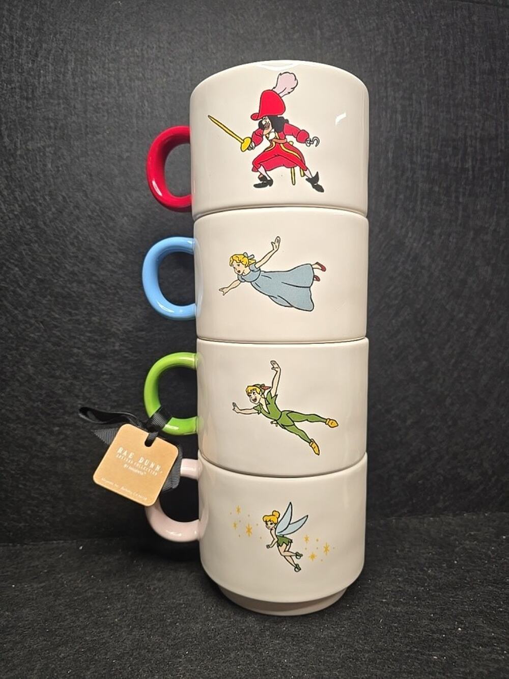 Peter Pan 4 Stackable Mugs Cups Disney Rae Dunn Tinker Bell Hook NWT